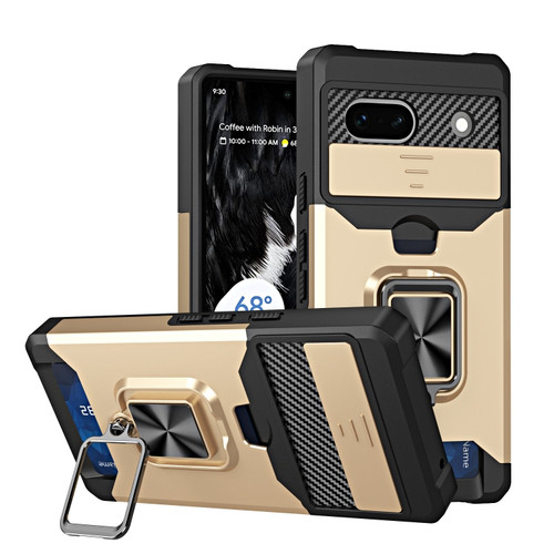Google Pixel 7a Camera Shield Card Slot Phone Case with Ring Holder - Gold