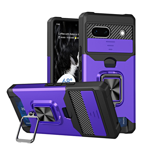 Google Pixel 7a Camera Shield Card Slot Phone Case with Ring Holder - Purple