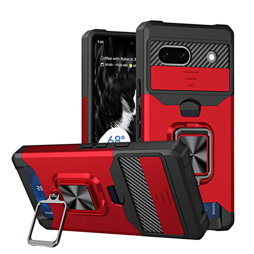 Google Pixel 7a Camera Shield Card Slot Phone Case with Ring Holder - Red