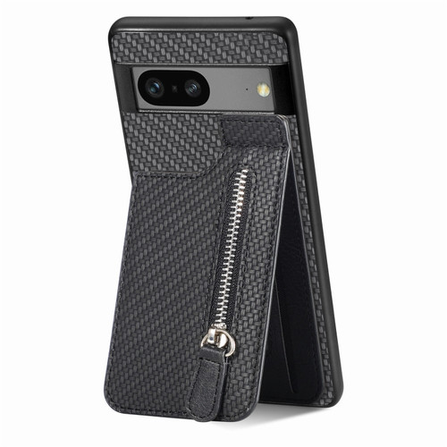 Google Pixel 7a Carbon Fiber Vertical Flip Zipper Phone Case - Black