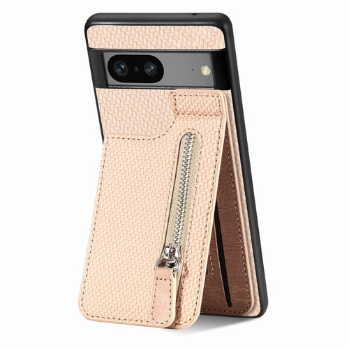 Google Pixel 7a Carbon Fiber Vertical Flip Zipper Phone Case - Khaki