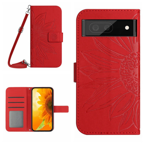 Google Pixel 7a Skin Feel Sun Flower Pattern Flip Leather Phone Case with Lanyard - Red