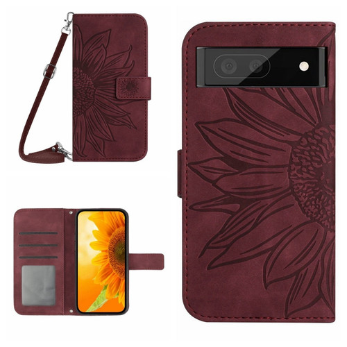 Google Pixel 7a Skin Feel Sun Flower Pattern Flip Leather Phone Case with Lanyard - Wine Red