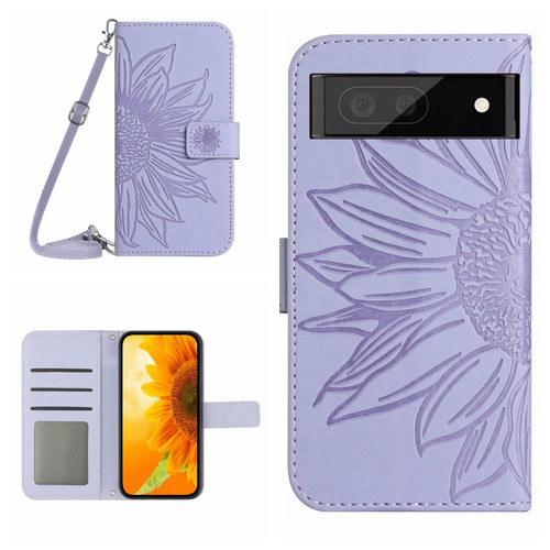 Google Pixel 7a Skin Feel Sun Flower Pattern Flip Leather Phone Case with Lanyard - Purple