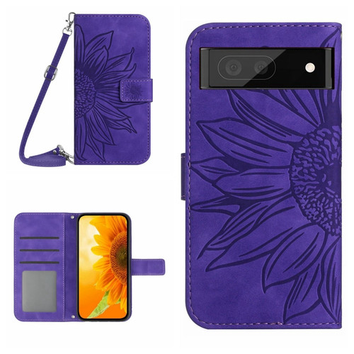 Google Pixel 7a Skin Feel Sun Flower Pattern Flip Leather Phone Case with Lanyard - Dark Purple