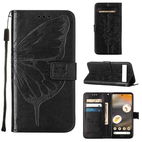 Google Pixel 7a Embossed Butterfly Flip Leather Phone Case - Black