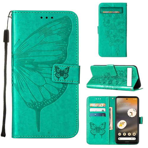 Google Pixel 7a Embossed Butterfly Flip Leather Phone Case - Green