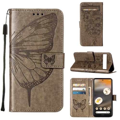 Google Pixel 7a Embossed Butterfly Flip Leather Phone Case - Grey