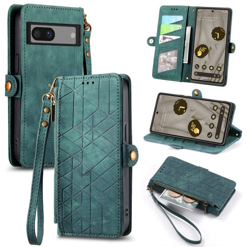 Google Pixel 7A Geometric Zipper Wallet Side Buckle Leather Phone Case - Green