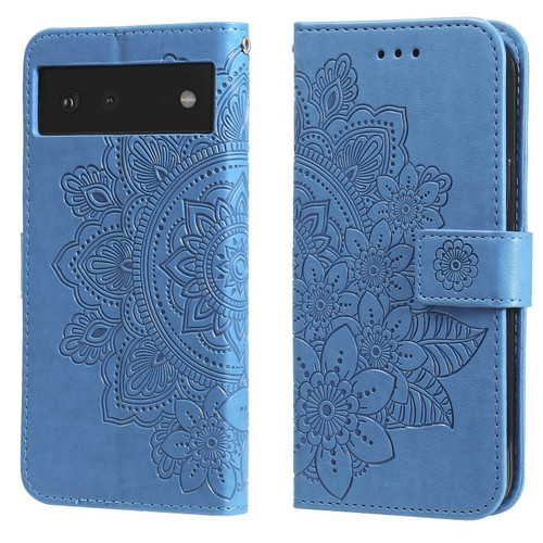 Google Pixel 6 7-petal Flowers Embossing Pattern Horizontal Flip PU Leather Case with Holder & Card Slots & Wallet & Photo Frame - Blue