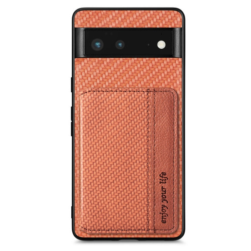 Google Pixel 6 Carbon Fiber Magnetic Card Bag Phone Case - Brown