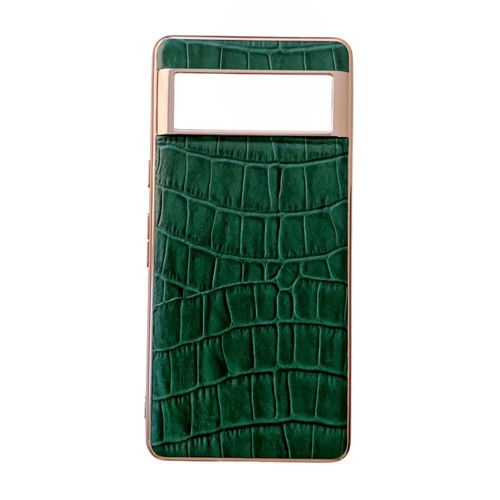 Google Pixel 6 Crocodile Texture Genuine Leather Electroplating Phone Case - Dark Green