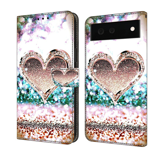 Google Pixel 6 Crystal 3D Shockproof Protective Leather Phone Case - Pink Diamond Heart