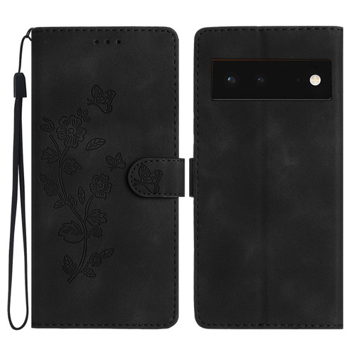 Google Pixel 6 Flower Butterfly Embossing Pattern Leather Phone Case - Black