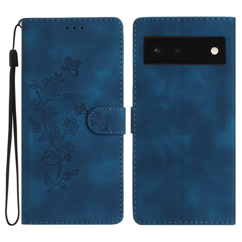 Google Pixel 6 Flower Butterfly Embossing Pattern Leather Phone Case - Blue
