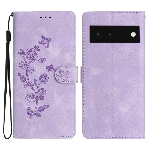 Google Pixel 6 Flower Butterfly Embossing Pattern Leather Phone Case - Purple
