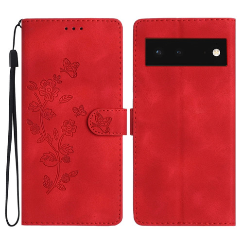 Google Pixel 6 Flower Butterfly Embossing Pattern Leather Phone Case - Red