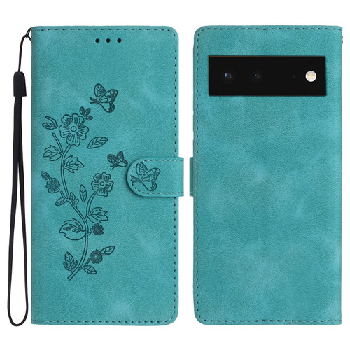 Google Pixel 6 Flower Butterfly Embossing Pattern Leather Phone Case - Sky Blue