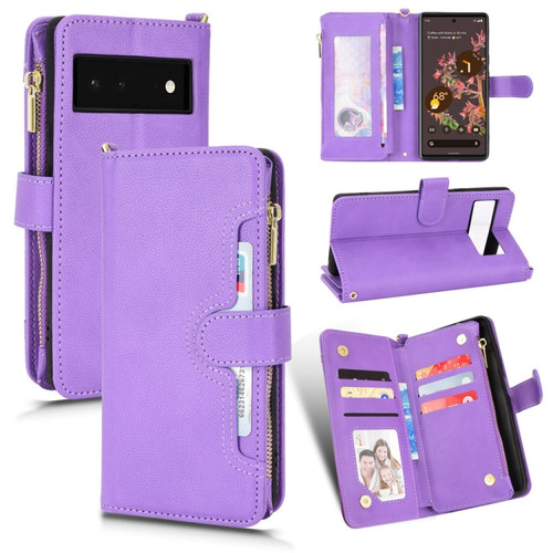Google Pixel 6 Litchi Texture Zipper Leather Phone Case - Purple
