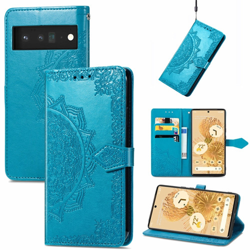 Google Pixel 6 Mandala Embossing Pattern Horizontal Flip Leather Case with Holder & Card Slots & Wallet & Lanyard - Blue