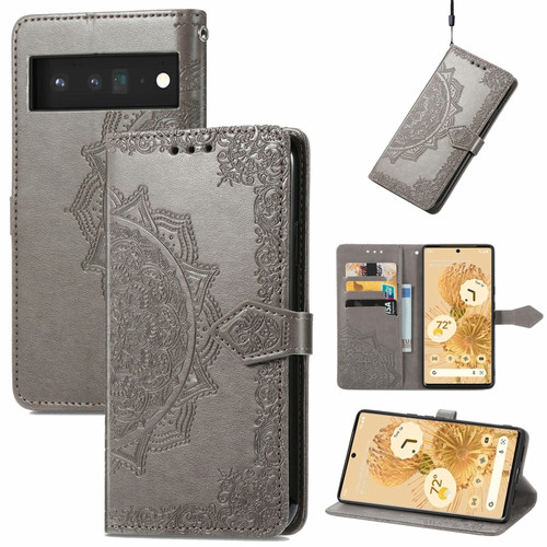 Google Pixel 6 Mandala Embossing Pattern Horizontal Flip Leather Case with Holder & Card Slots & Wallet & Lanyard - Gray