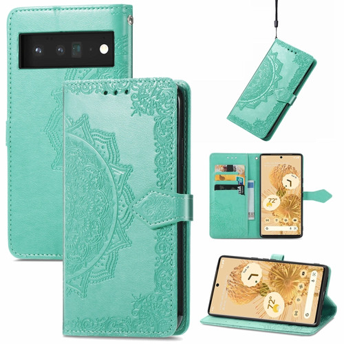 Google Pixel 6 Mandala Embossing Pattern Horizontal Flip Leather Case with Holder & Card Slots & Wallet & Lanyard - Green