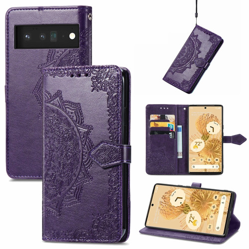 Google Pixel 6 Mandala Embossing Pattern Horizontal Flip Leather Case with Holder & Card Slots & Wallet & Lanyard - Purple