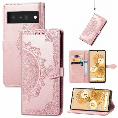 Google Pixel 6 Mandala Embossing Pattern Horizontal Flip Leather Case with Holder & Card Slots & Wallet & Lanyard - Rose Gold