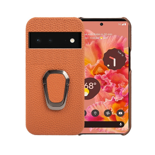 Google Pixel 6 Ring Holder Litchi Texture Genuine Leather Phone Case - Brown