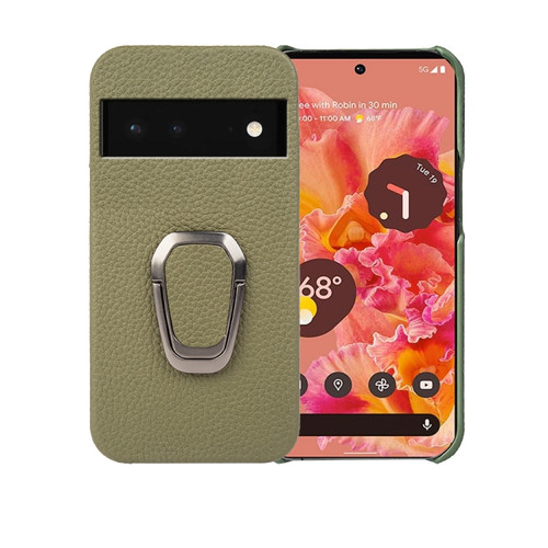 Google Pixel 6 Ring Holder Litchi Texture Genuine Leather Phone Case - Green