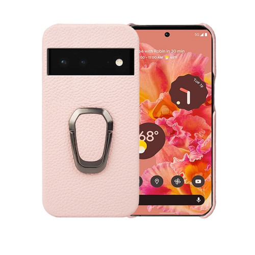 Google Pixel 6 Ring Holder Litchi Texture Genuine Leather Phone Case - Pink