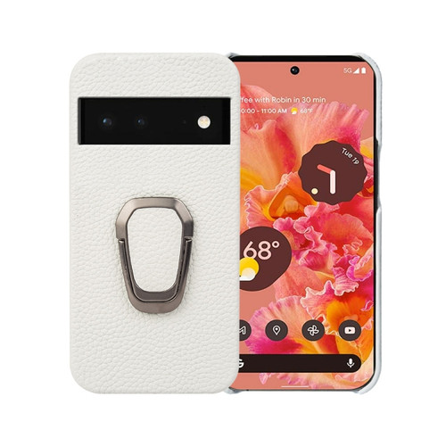 Google Pixel 6 Ring Holder Litchi Texture Genuine Leather Phone Case - White