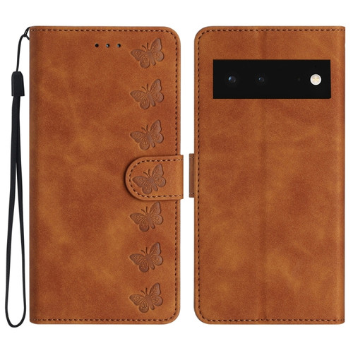 Google Pixel 6 Seven Butterflies Embossed Leather Phone Case - Brown