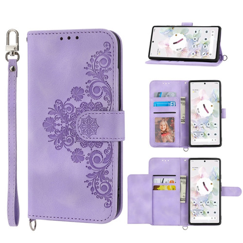 Google Pixel 6 Skin-feel Flowers Embossed Wallet Leather Phone Case - Purple