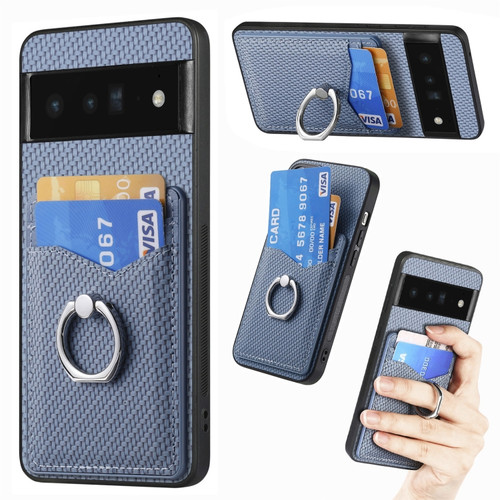 Google  Pixel 6 Pro Carbon Fiber Card Wallet Ring Holder Phone Case - Blue