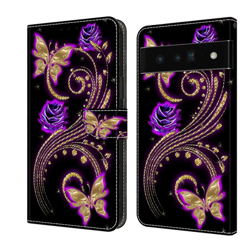 Google Pixel 6 Pro Crystal 3D Shockproof Protective Leather Phone Case - Purple Flower Butterfly