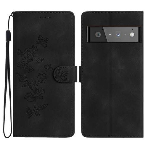 Google Pixel 6 Pro Flower Butterfly Embossing Pattern Leather Phone Case - Black