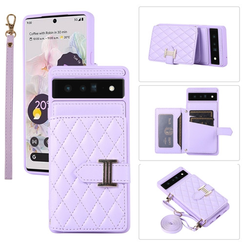 Google Pixel 6 Pro Horizontal Card Bag Phone Case with Dual Lanyard - Purple