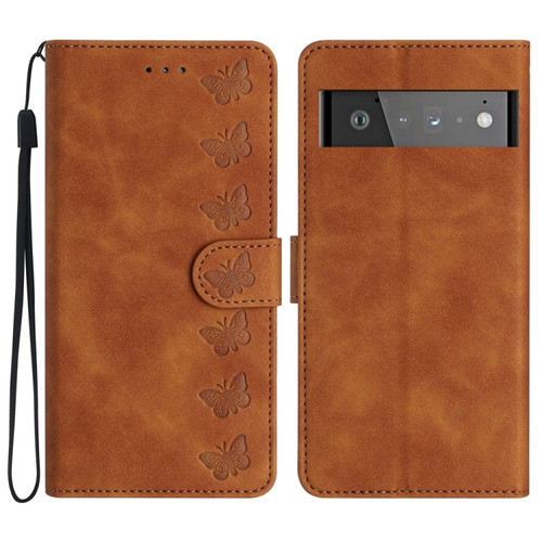 Google Pixel 6 Pro Seven Butterflies Embossed Leather Phone Case - Brown