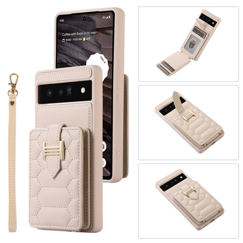 Google Pixel 6 Pro Vertical Card Bag Ring Holder Phone Case with Dual Lanyard - Beige