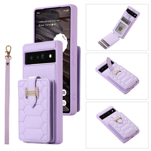 Google Pixel 6 Pro Vertical Card Bag Ring Holder Phone Case with Dual Lanyard - Purple