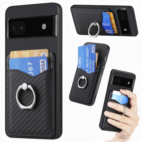 Google Pixel  6A Carbon Fiber Card Wallet Ring Holder Phone Case - Black
