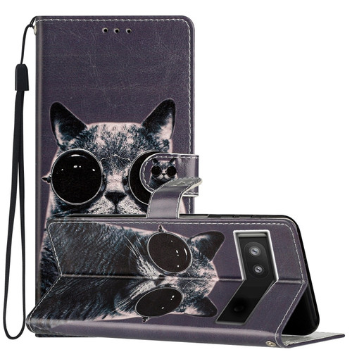 Google Pixel 6a Colored Drawing Leather Phone Case - Sunglasses Cat