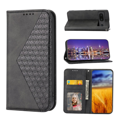 Google Pixel 6a Cubic Grid Calf Texture Magnetic Closure Leather Phone Case - Black