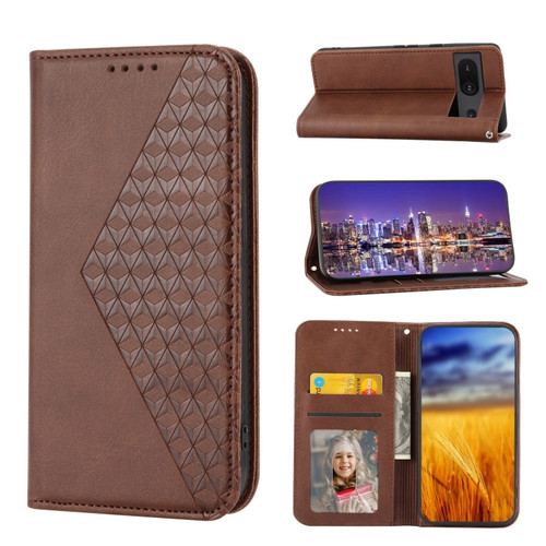 Google Pixel 6a Cubic Grid Calf Texture Magnetic Closure Leather Phone Case - Brown