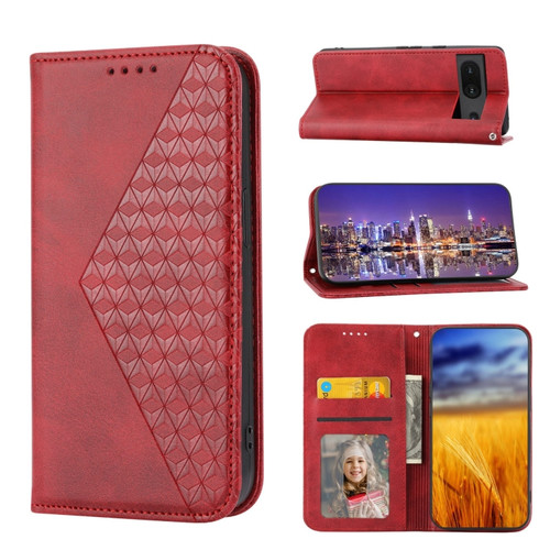 Google Pixel 6a Cubic Grid Calf Texture Magnetic Closure Leather Phone Case - Red