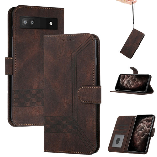 Google Pixel 6a Cubic Skin Feel Flip Leather Phone Case - Brown