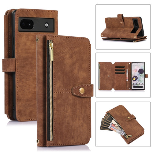 Google Pixel 6a Dream 9-Card Wallet Zipper Bag Leather Phone Case - Brown