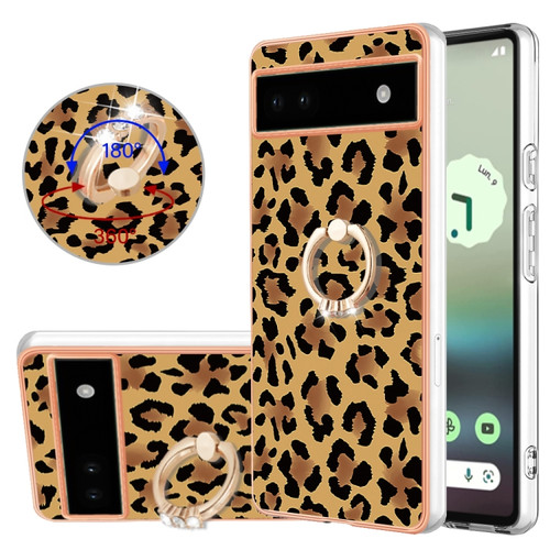 Google Pixel 6a Electroplating Dual-side IMD Phone Case with Ring Holder - Leopard Print