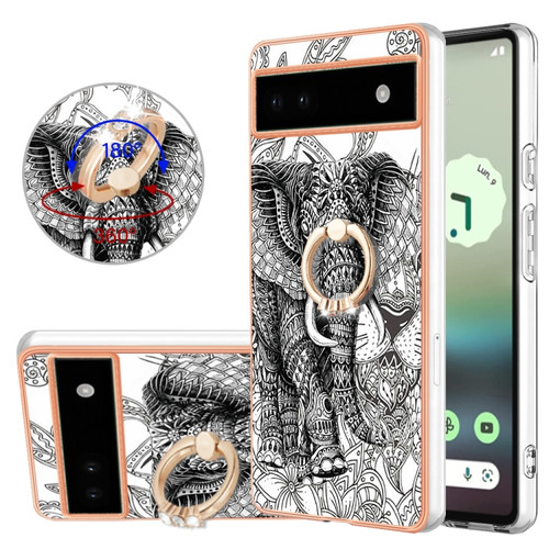 Google Pixel 6a Electroplating Dual-side IMD Phone Case with Ring Holder - Totem Elephant